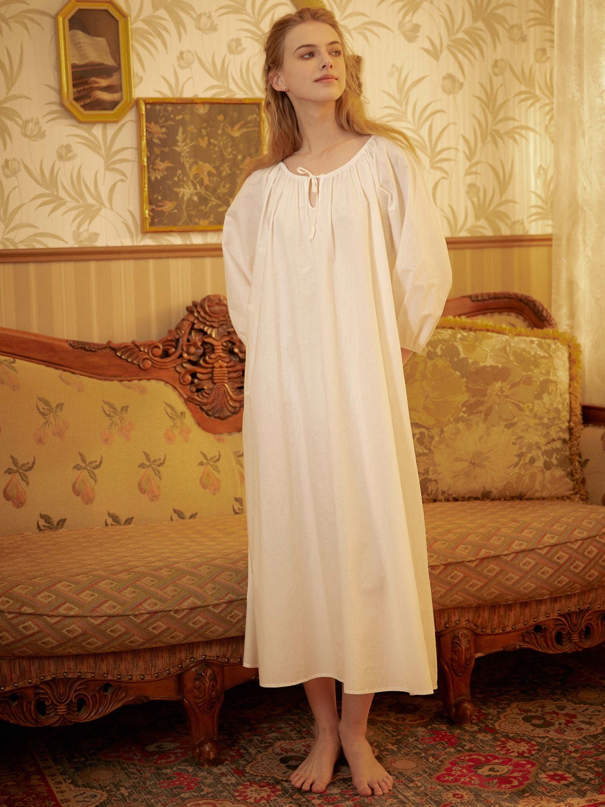 Nightgown Cotton for Women Victorian Nightgown Long Sleepwear Scoop Neck Three-quarter Sleeve Medieval Nightgown Plus Size