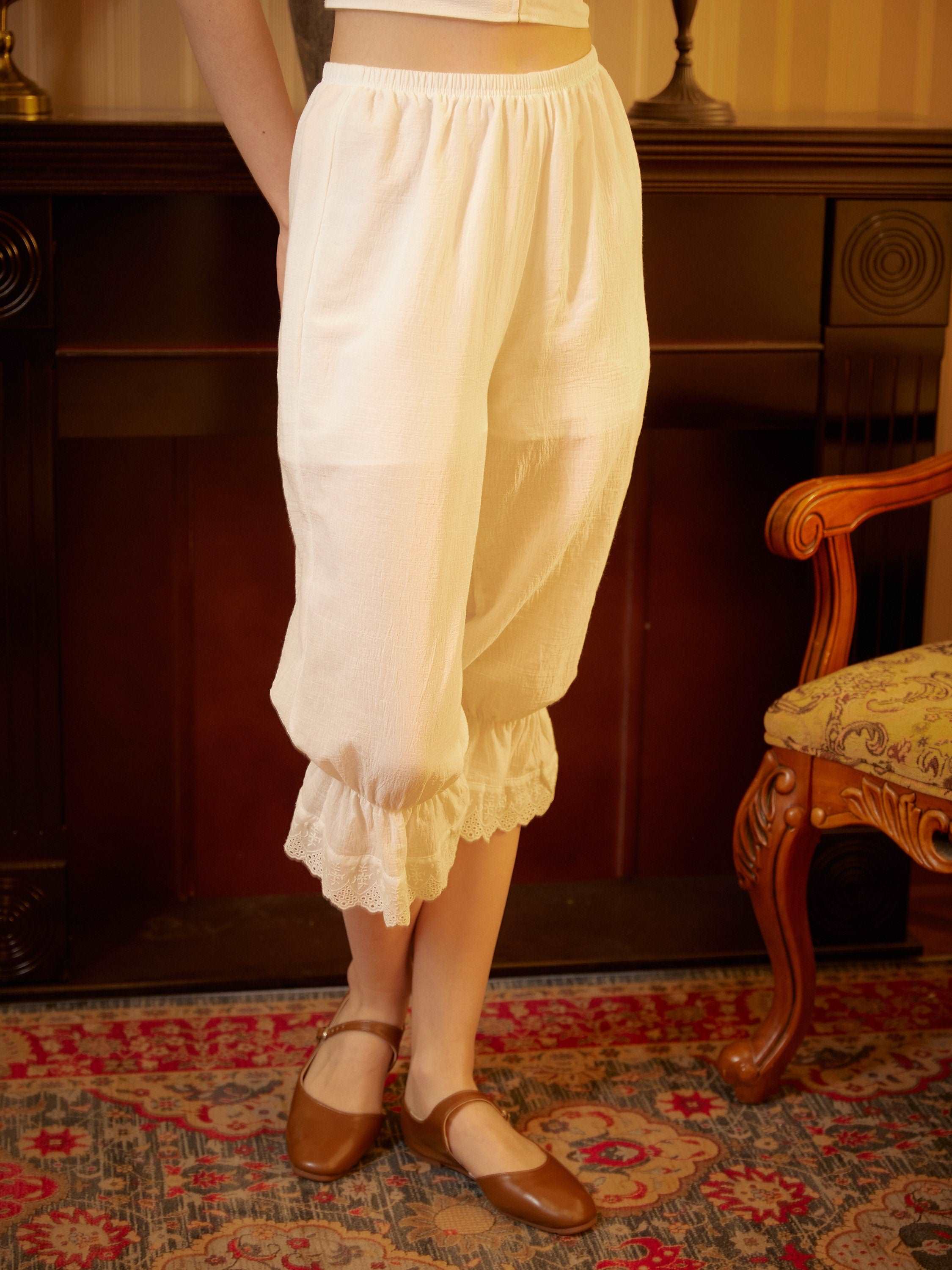 Bloomers Women Cotton Pantaloons Pajama Victorian Bloomers Capris Pants Sleepwear Pettipants with Elastic Lace Ruffle Hem Ivory
