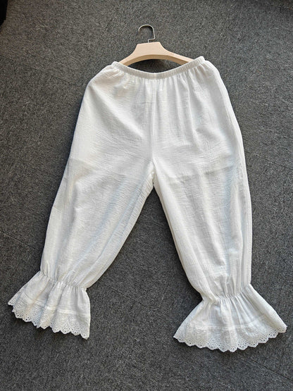 Bloomers Women Cotton Pantaloons Pajama Victorian Bloomers Capris Pants Sleepwear Pettipants with Elastic Lace Ruffle Hem Ivory