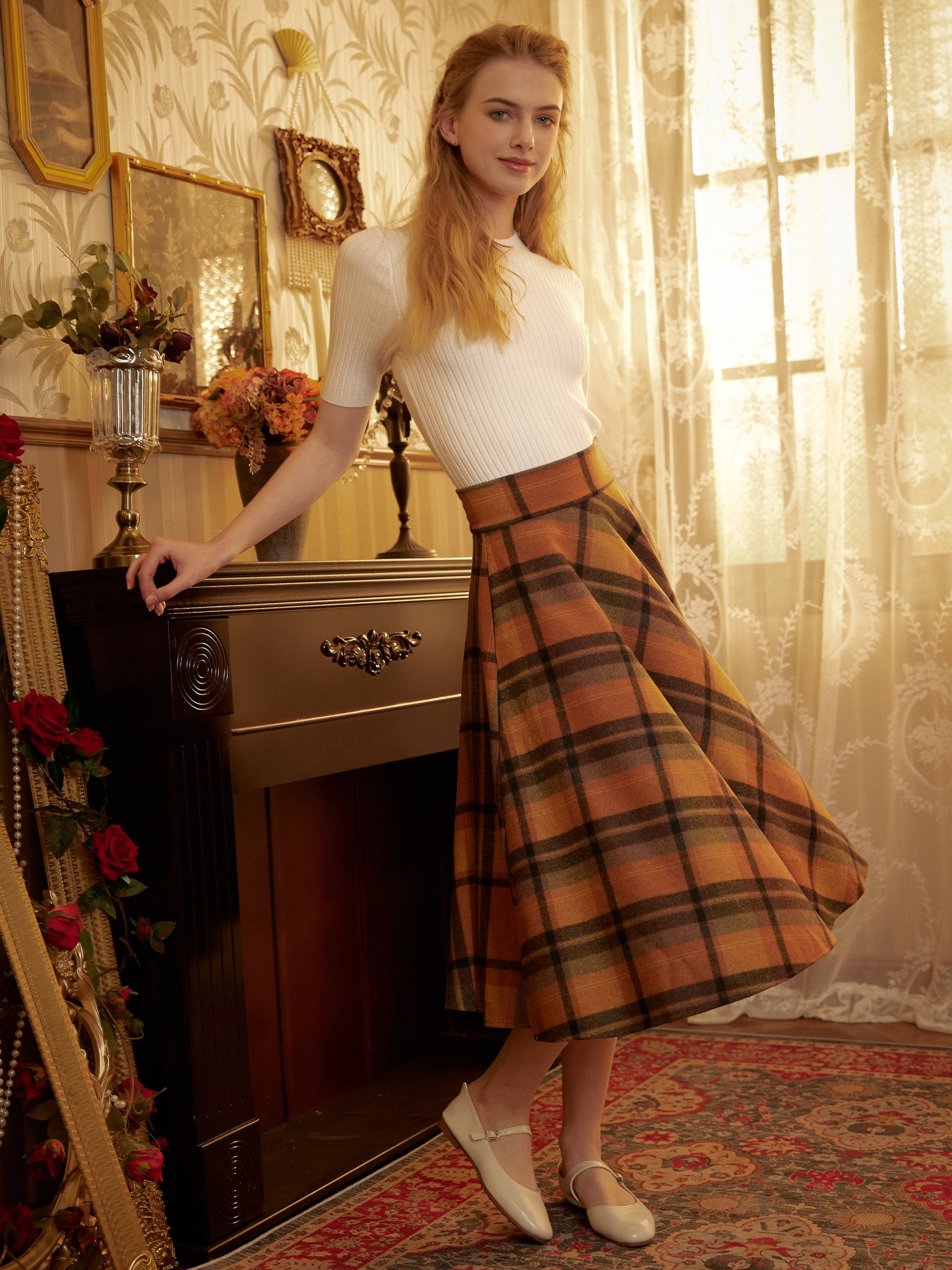 Wool Skirt Calf Length Full Plaid Skirt Vintage Inspired Flared Warm Tweed Wool High Waisted Fall Winter Orange Spring Skirt With Pockets