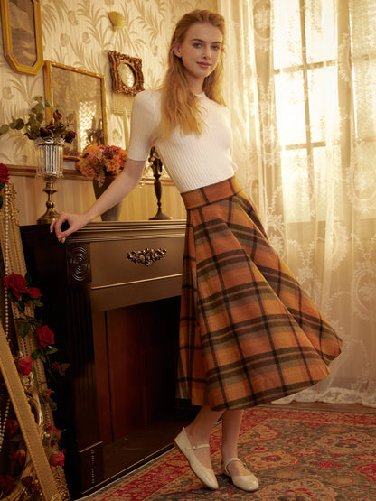 Wool Skirt Calf Length Full Plaid Skirt Vintage Inspired Flared Warm Tweed Wool High Waisted Fall Winter Orange Spring Skirt With Pockets