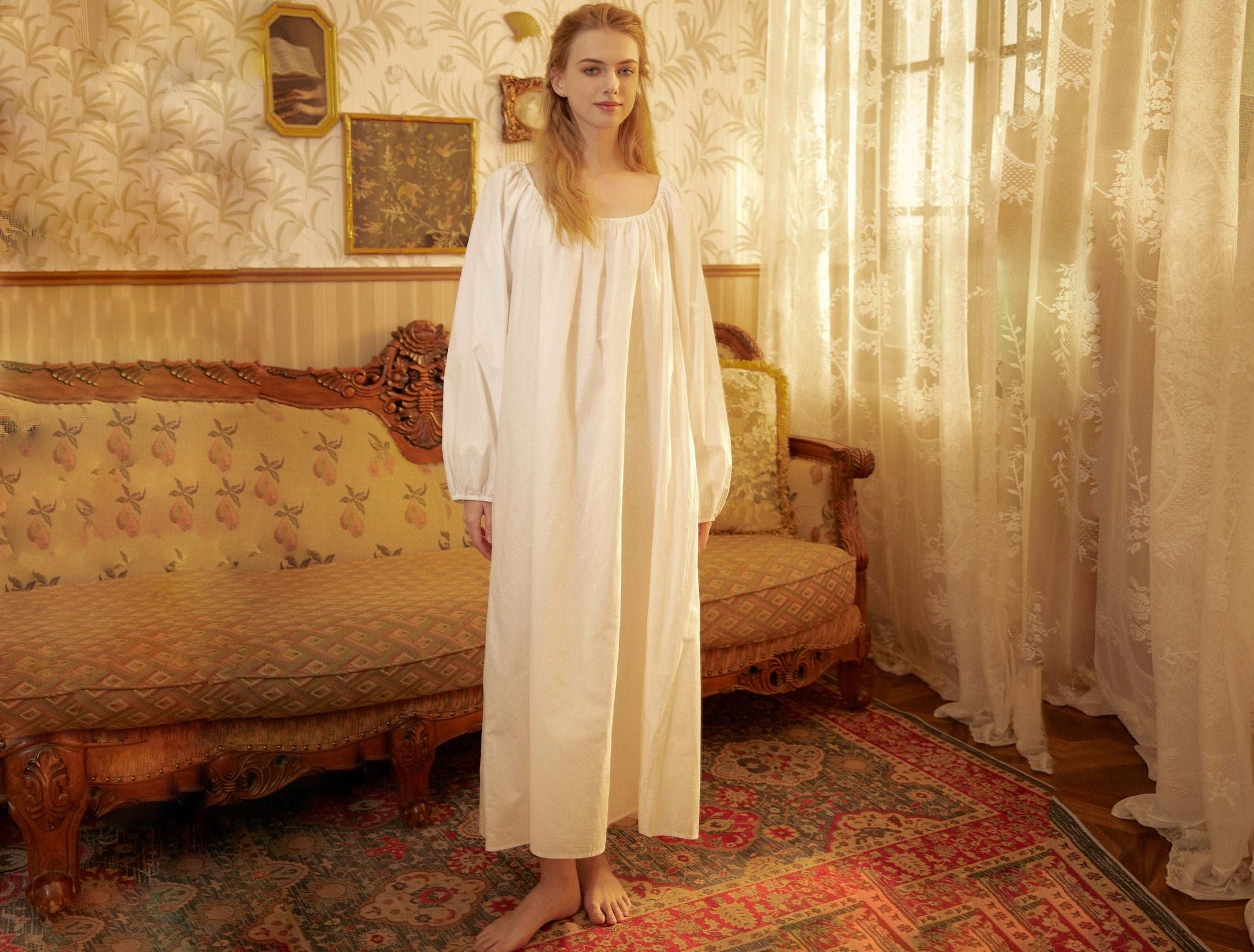 Nightgown Cotton for Women Victorian Nightgown Long Sleepwear Square Neck Long Sleeve Medieval Nightgown Plus Size