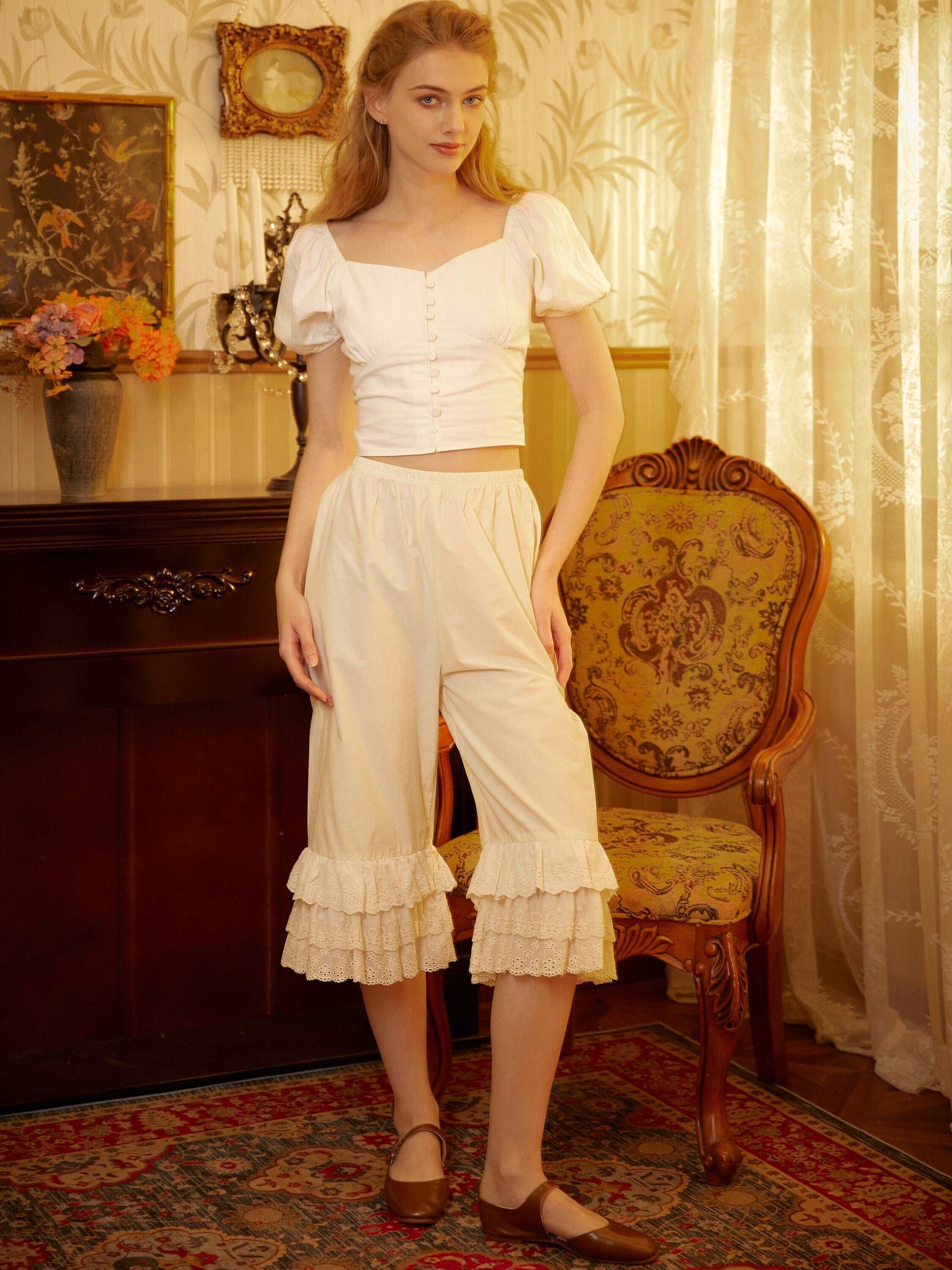 Cotton Bloomers Women Pantaloons Victorian Plus Size Bloomers Culottes Cropped Pants Loungewear Pettipants with Tiered Lace Edge