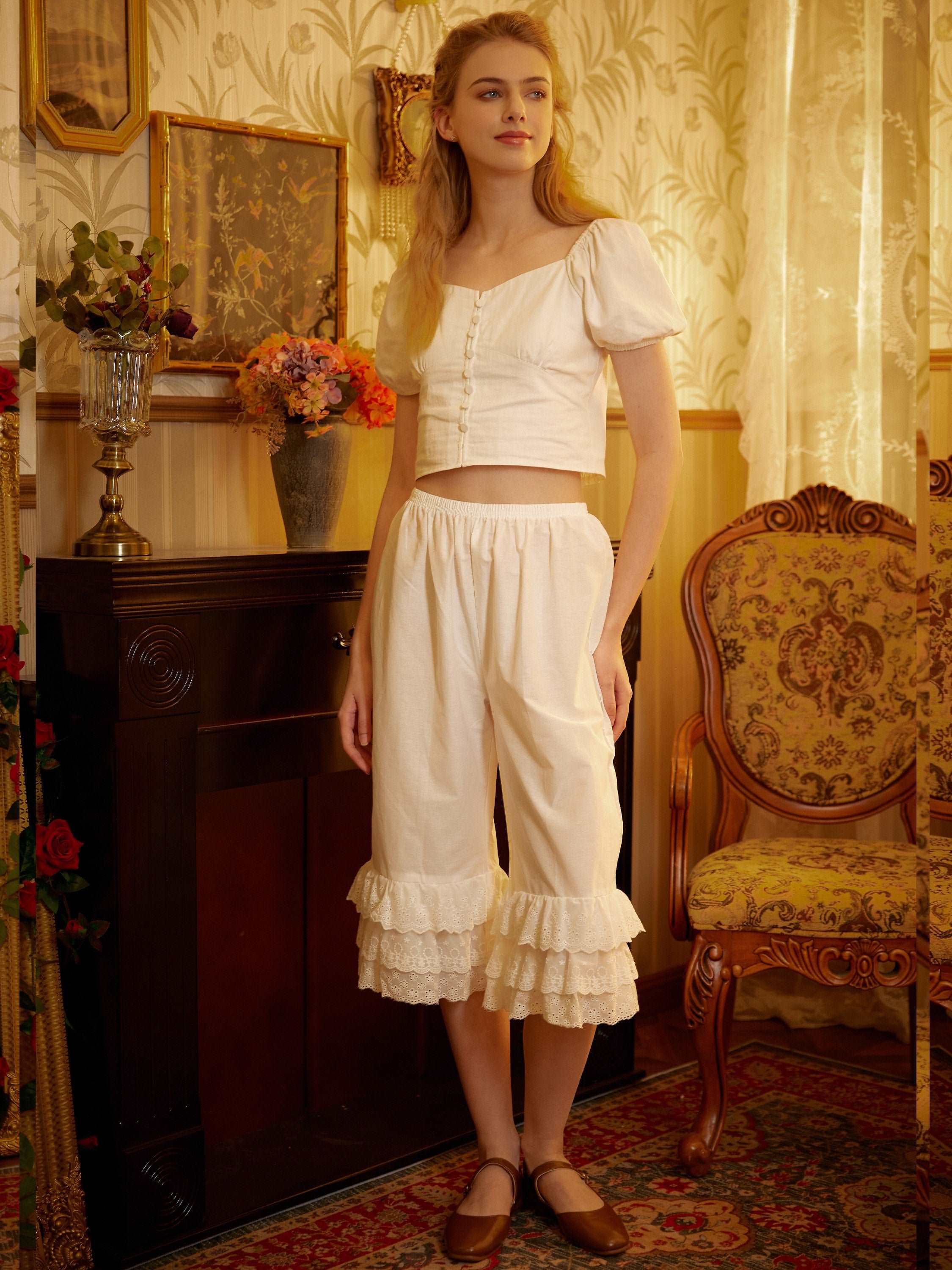Cotton Bloomers Women Pantaloons Victorian Plus Size Bloomers Culottes Cropped Pants Loungewear Pettipants with Tiered Lace Edge