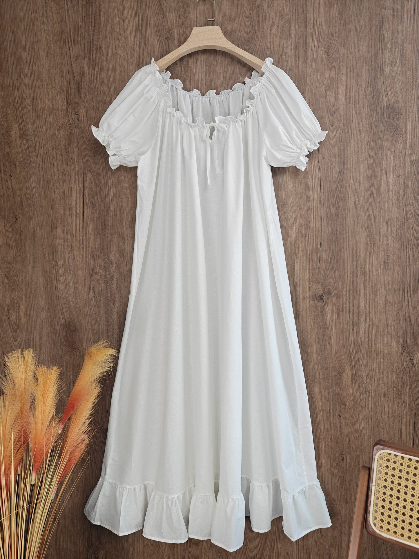 Ruffled Victorian Nightgown Vintage Inspired Summer Nightgown Loose White Long Sleepwear Ruffled Scoop Neckline Dress Elastic Sleeves