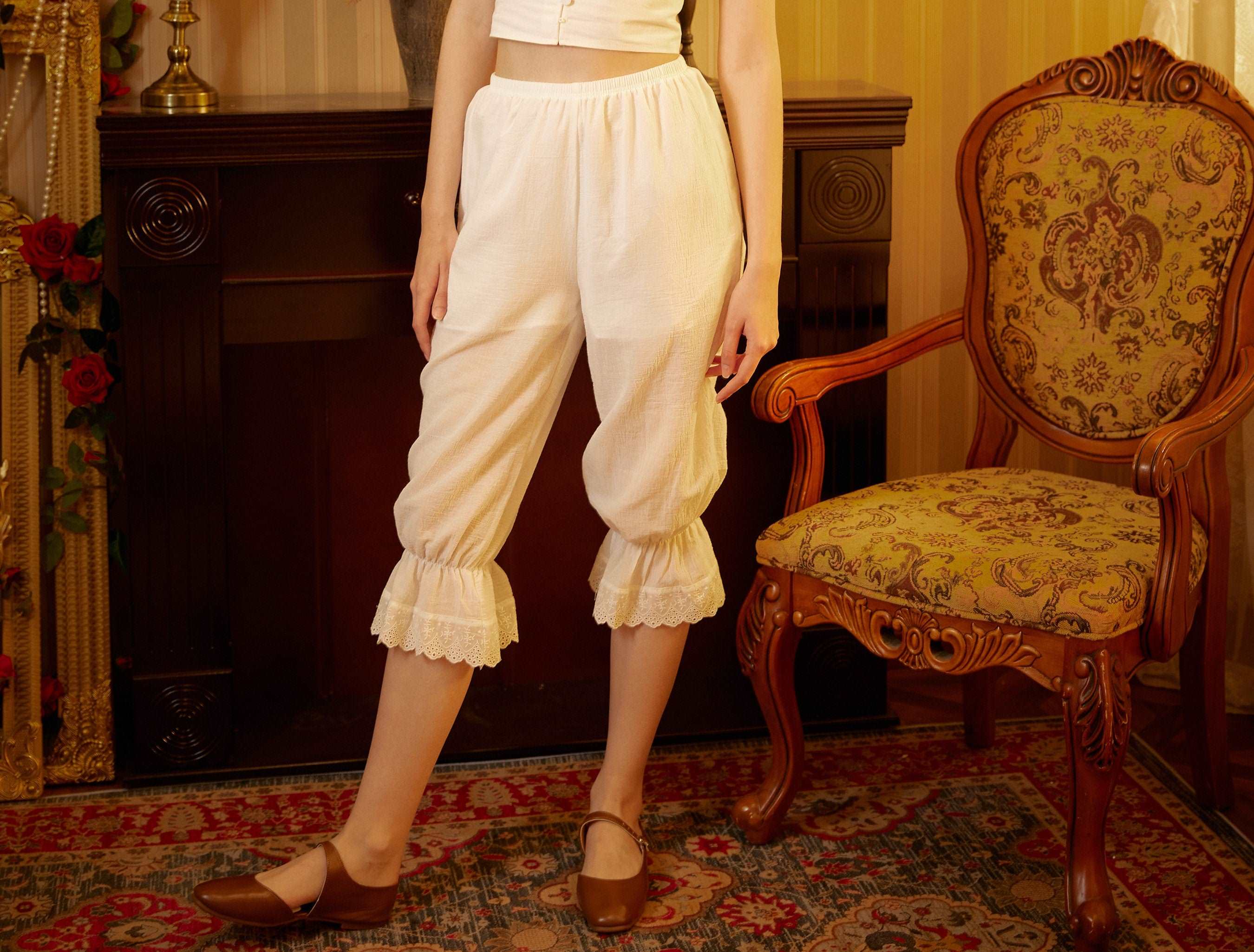 Bloomers Women Cotton Pantaloons Pajama Victorian Bloomers Capris Pants Sleepwear Pettipants with Elastic Lace Ruffle Hem Ivory