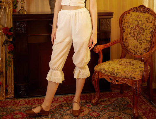 Bloomers Women Cotton Pantaloons Pajama Victorian Bloomers Capris Pants Sleepwear Pettipants with Elastic Lace Ruffle Hem Ivory