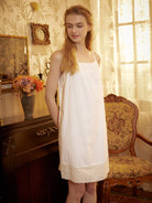 Women Full Cotton Slip Dress Vintage Inspired Petticoat Skirt Extender Sleepwear slip Strap Dress Embroidered Lace Hem