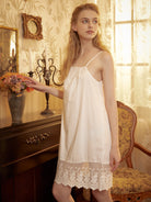 Women Full Cotton Slip Dress Victorian Petticoat Skirt Extender Sleepwear Full slip Strap Dress Flower and Vine Lace Hem