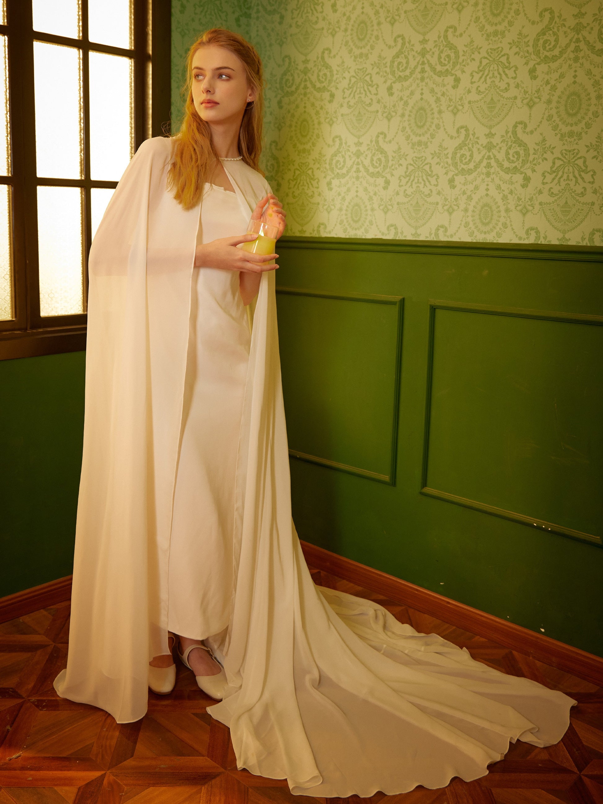 Bridal Cape Pearl Ivory Chiffon Long Cape Wedding cape for Bride Wedding White Cloak With Train Photo Shoot Cape Length