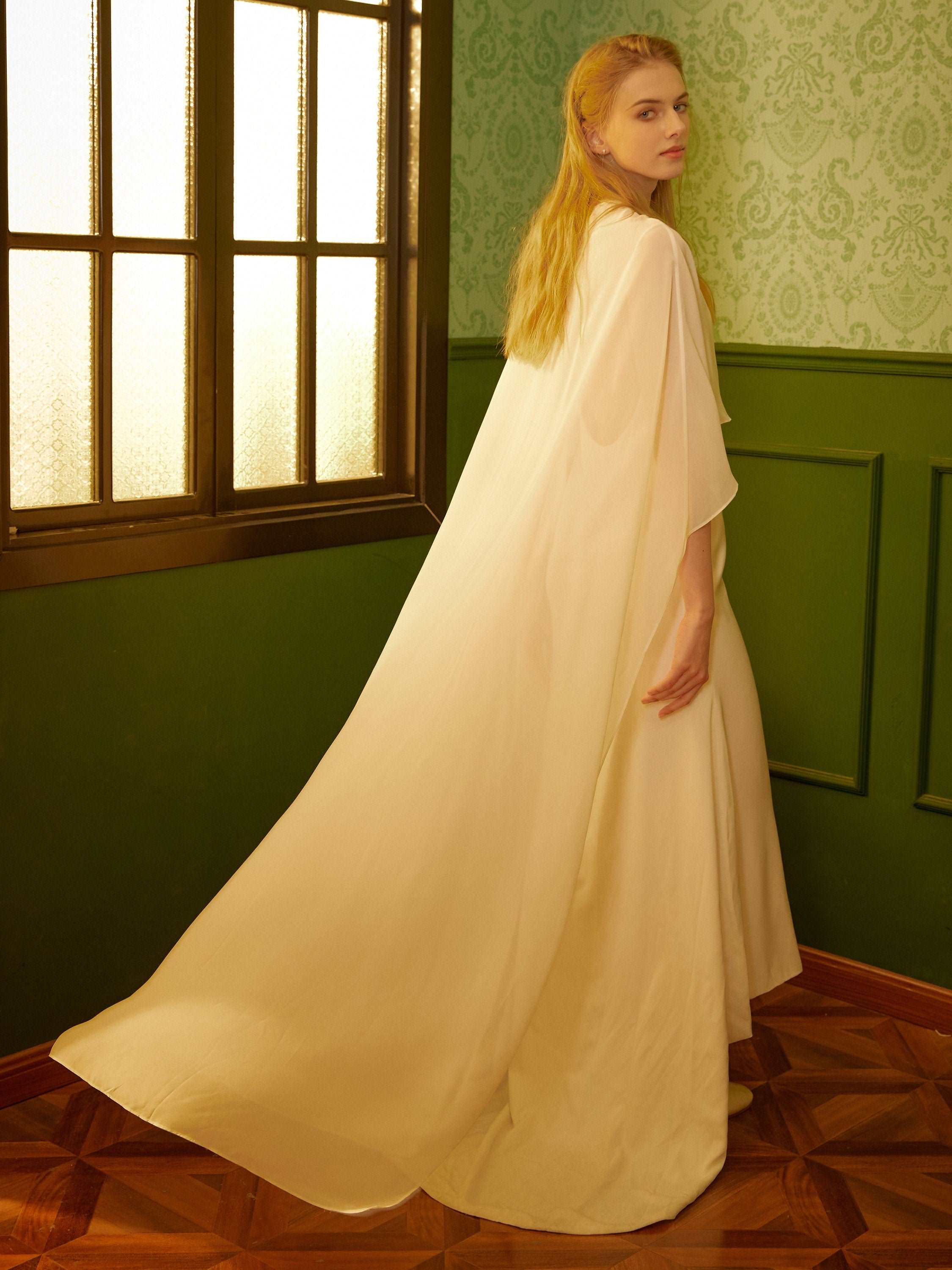 Bridal Cape High Low Chiffon Long Ivory Cape Wedding Bolero for Bride Wedding Shoulder cover up Bridal Jacket cape