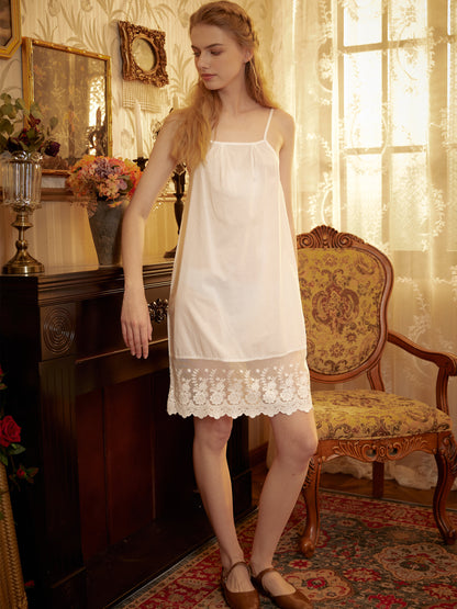 Women Full Cotton Slip Dress Victorian Petticoat Skirt Extender Sleepwear Full slip Strap Dress Flower and Vine Lace Hem