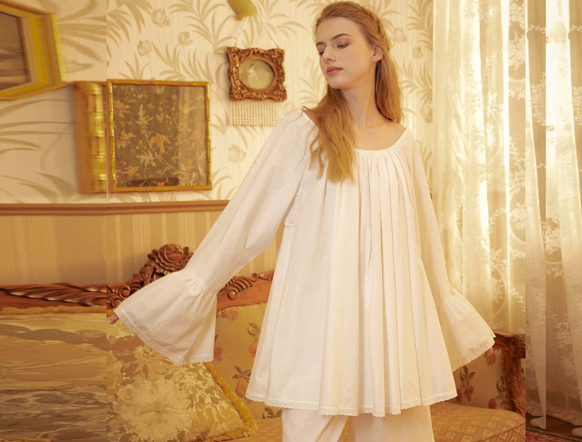 Nightgown Cotton for Women Victorian Nightgown Vintage Style Sleepwear Bell Sleeve Medieval nightgown Top Plus Size A-Line Baby Doll