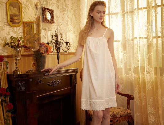 Women Full Cotton Slip Dress Vintage Style Petticoat Skirt Extender Sleepwear Full slip Strap Dress Flower Lace Hem