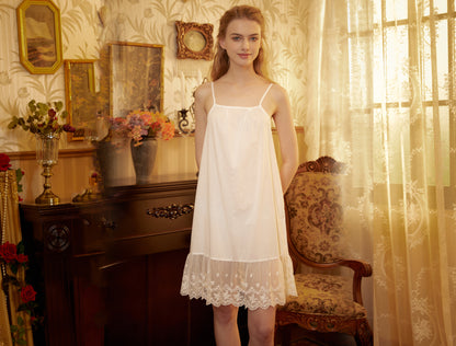 Women Full Cotton Slip Dress Retro Style Petticoat Skirt Extender Sleepwear Full slip Strap Dress Flower Embroidery Hem