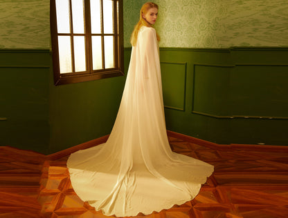 Bridal Cape Pearl Ivory Chiffon Long Cape Wedding cape for Bride Wedding White Cloak With Train Photo Shoot Cape Length