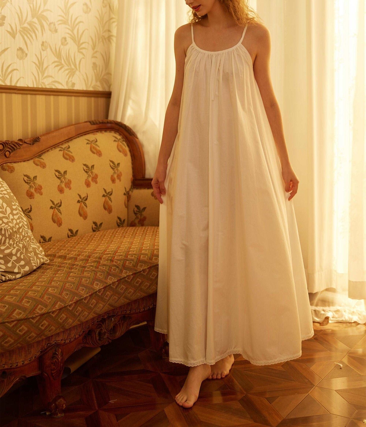 Nightgown 100% Cotton Nightgown Victorian Nightgown Women White long nightgown Honeymoon Bridal Lingerie Sleeveless nightgown