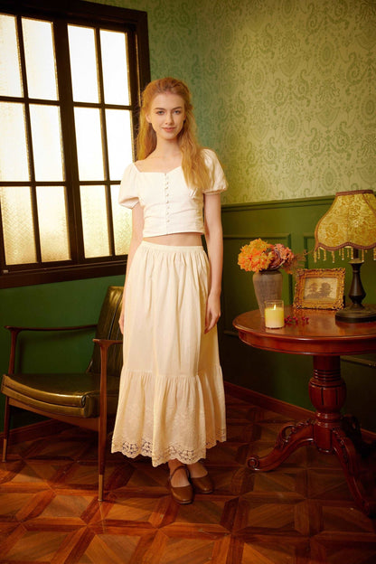 Petticoat Cotton Half Slip Women Skirt Extender with Embroidery Lace Hem Underskirt Elastic Waistband Ivory and Cream