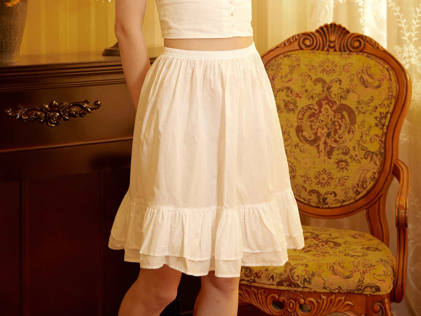 Cotton Petticoat Skirt Half Slip Underskirt Knee Length Skirt Extender Ruffles Retro Style