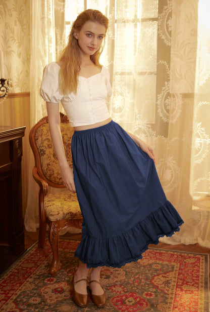 Petticoat Skirt Cotton Slip Victorian long Petticoat Skirt Extender White Underskirt with Lace Trim Ivory/Navy Blue/Black