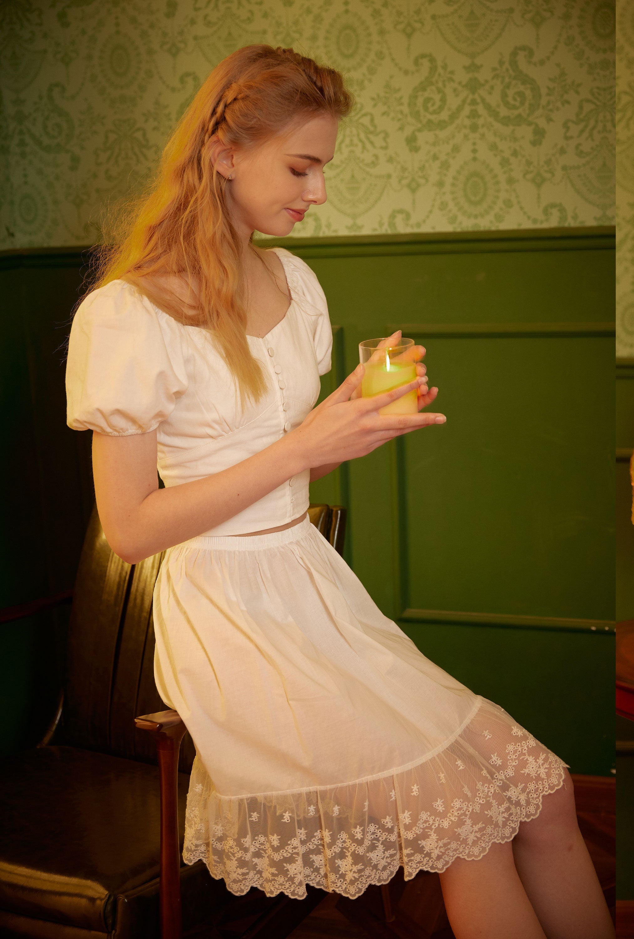 Skirt Extender Cotton White Petticoat with Lace Trim Half Slip Underskirt Ivory Knee Length