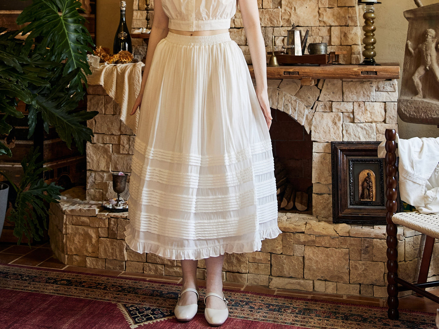 Victorian Style Pleated Skirt White Tiered Pocket Maxi Skirt Long Peasant Skirt Long Boho Skirt Ruffles Trim With Lining Flexible Waistband