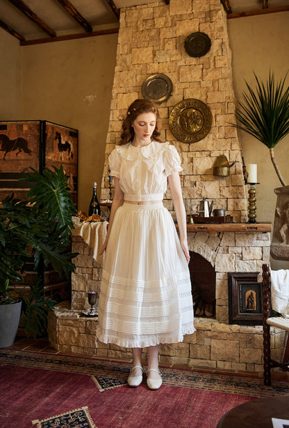 Victorian Style Pleated Skirt White Tiered Pocket Maxi Skirt Long Peasant Skirt Long Boho Skirt Ruffles Trim With Lining Flexible Waistband