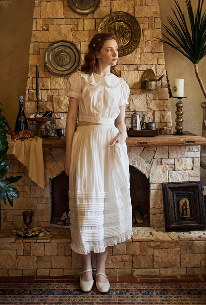 Victorian Style Pleated Skirt White Tiered Pocket Maxi Skirt Long Peasant Skirt Long Boho Skirt Ruffles Trim With Lining Flexible Waistband