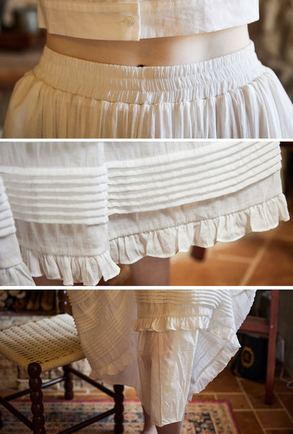 Victorian Style Pleated Skirt White Tiered Pocket Maxi Skirt Long Peasant Skirt Long Boho Skirt Ruffles Trim With Lining Flexible Waistband