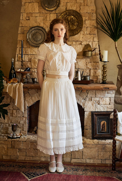 Victorian Style Pleated Skirt White Tiered Pocket Maxi Skirt Long Peasant Skirt Long Boho Skirt Ruffles Trim With Lining Flexible Waistband