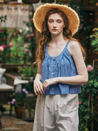 Organic Cotton Crop Checked Top Sleeveless Women Summer Top Blouse Tank Cropped Swing Tank Cotton Blue and White Plaid Shirt Cami
