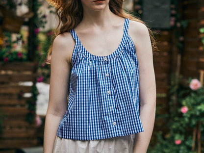 Organic Cotton Crop Checked Top Sleeveless Women Summer Top Blouse Tank Cropped Swing Tank Cotton Blue and White Plaid Shirt Cami