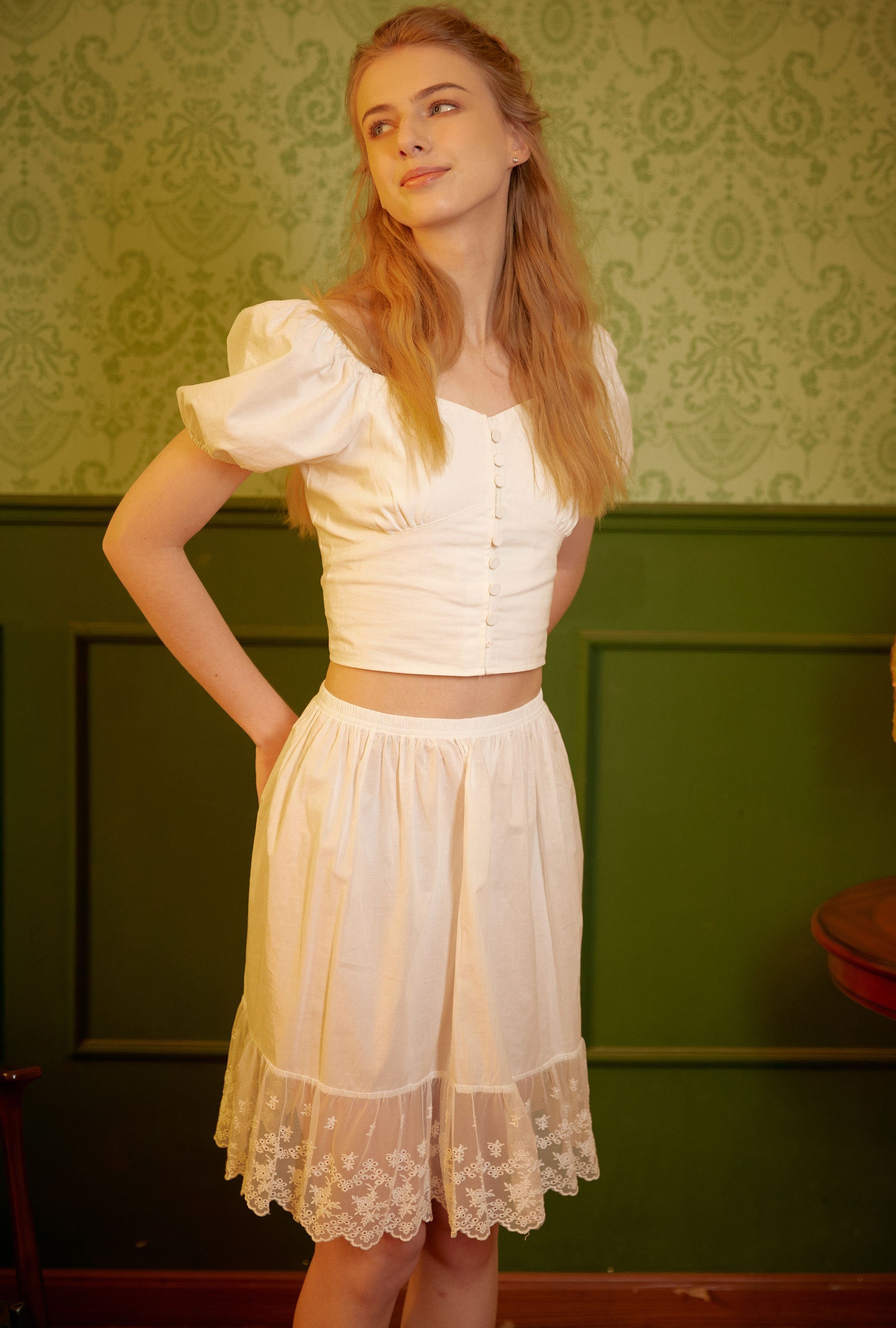 Skirt Extender Cotton White Petticoat with Lace Trim Half Slip Underskirt Ivory Knee Length