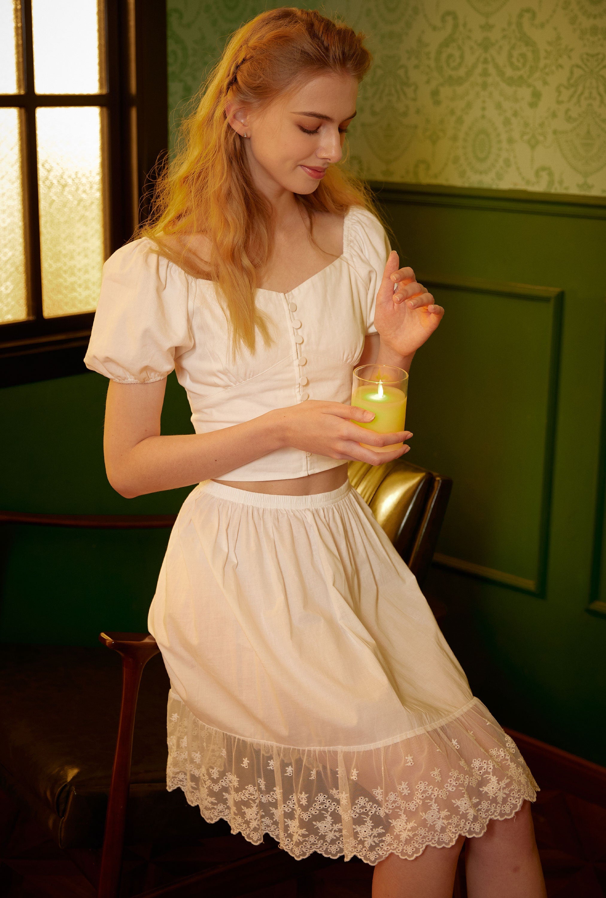 Skirt Extender Cotton White Petticoat with Lace Trim Half Slip Underskirt Ivory Knee Length