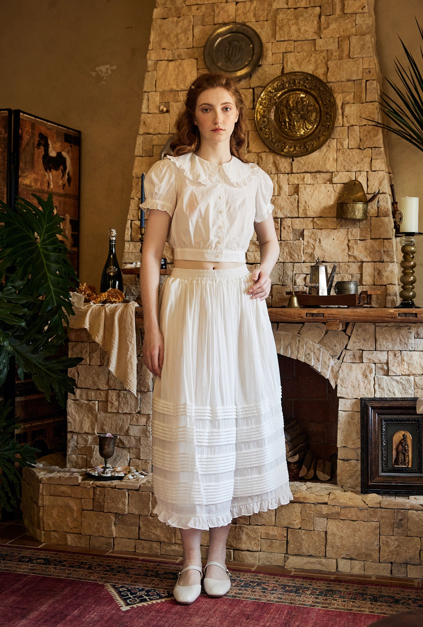 Victorian Style Pleated Skirt White Tiered Pocket Maxi Skirt Long Peasant Skirt Long Boho Skirt Ruffles Trim With Lining Flexible Waistband