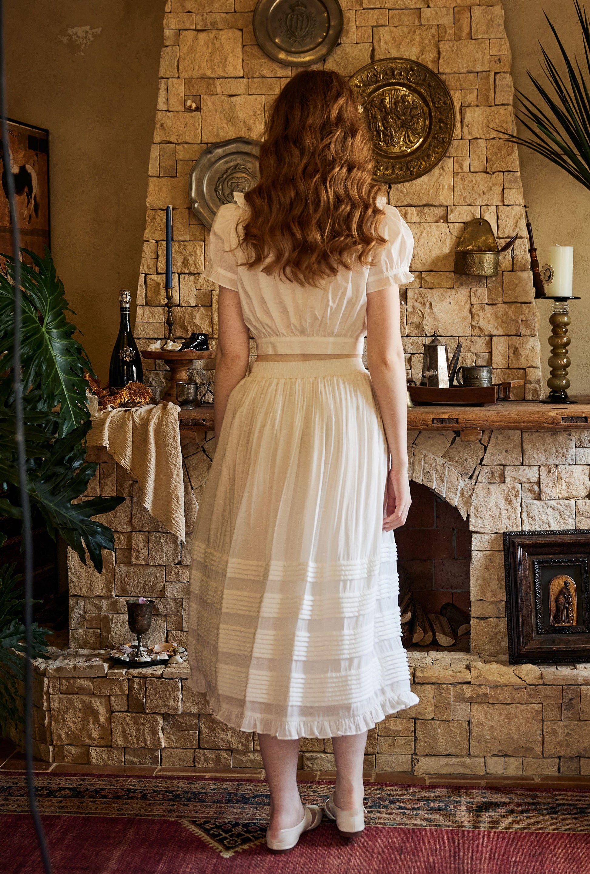 Victorian Style Pleated Skirt White Tiered Pocket Maxi Skirt Long Peasant Skirt Long Boho Skirt Ruffles Trim With Lining Flexible Waistband