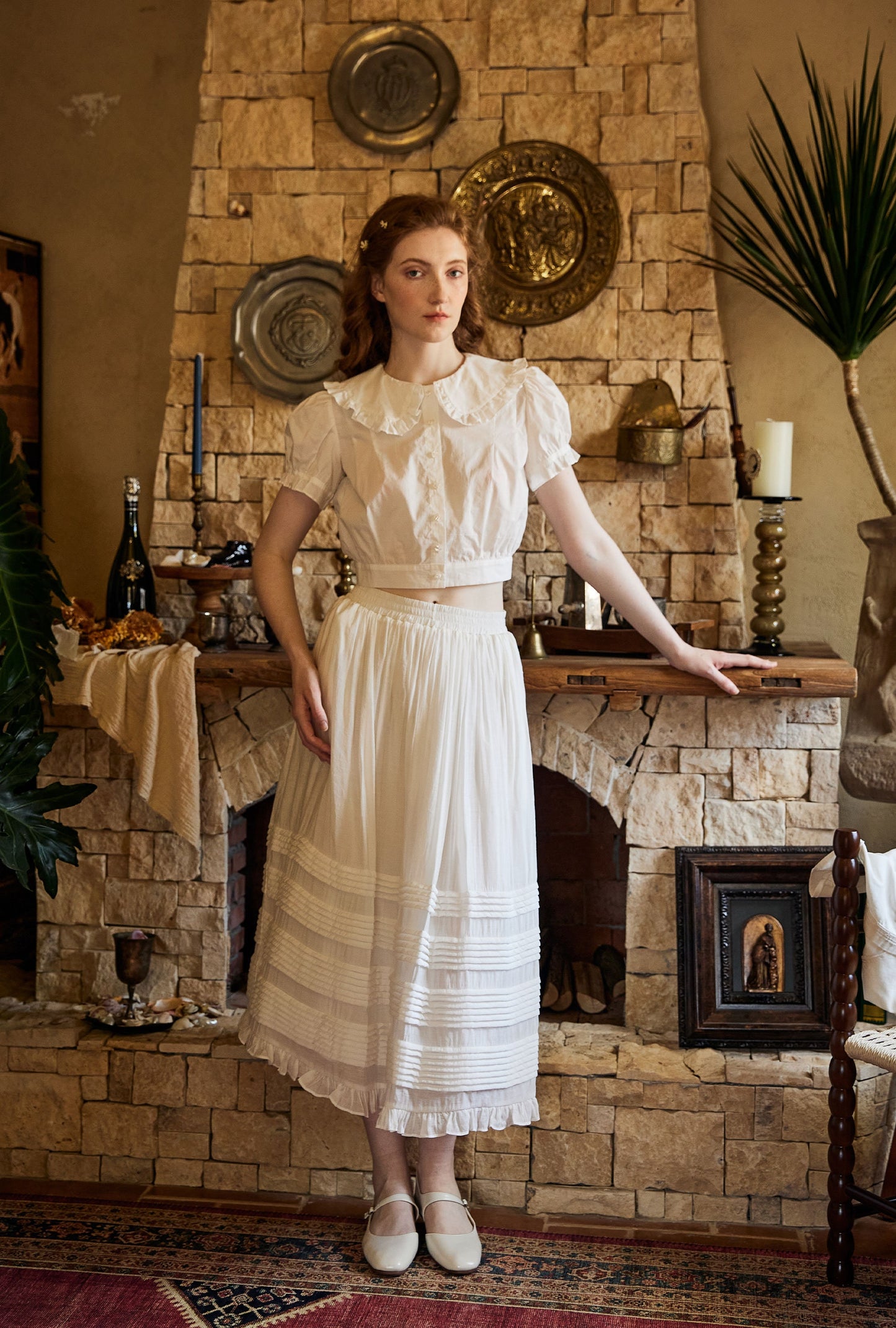 Victorian Style Pleated Skirt White Tiered Pocket Maxi Skirt Long Peasant Skirt Long Boho Skirt Ruffles Trim With Lining Flexible Waistband