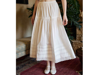 Cotton Victorian Style Long Skirt White Petticoat Slip Lace Edged Underskirt Tiered Skirt Ankle Length Petticoat Skirt