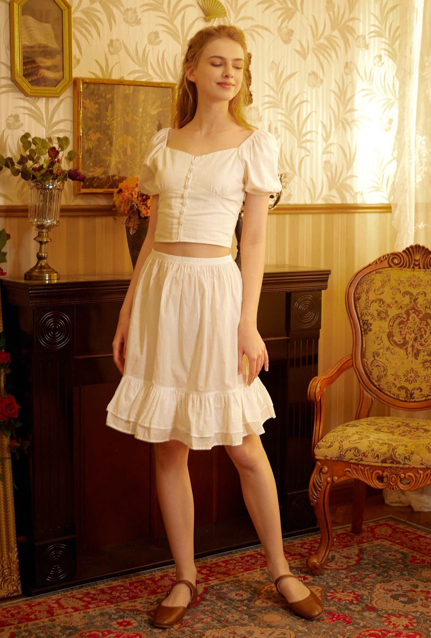 Cotton Petticoat Skirt Half Slip Underskirt Knee Length Skirt Extender Ruffles Retro Style