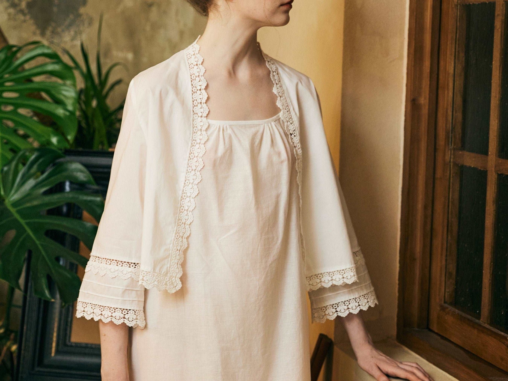 100% Cotton Victorian-Inspired Bed Jacket - Vintage Style with Lace and Embroidery - Perfect Over Nightgowns - Elegant Cotton Cardigan Top