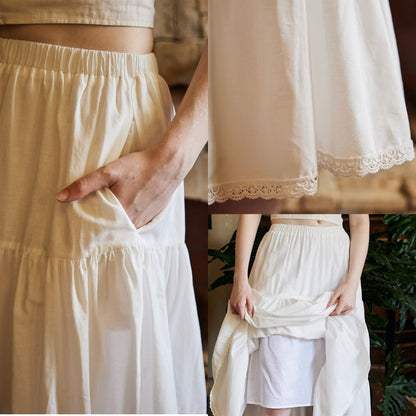 Tiered Pocket Maxi Skirt White Cotton Skirt Long Boho Black Pleated Tea Length Skirt Flexible Waistband Petticoat Midi Skirt Lace Trim