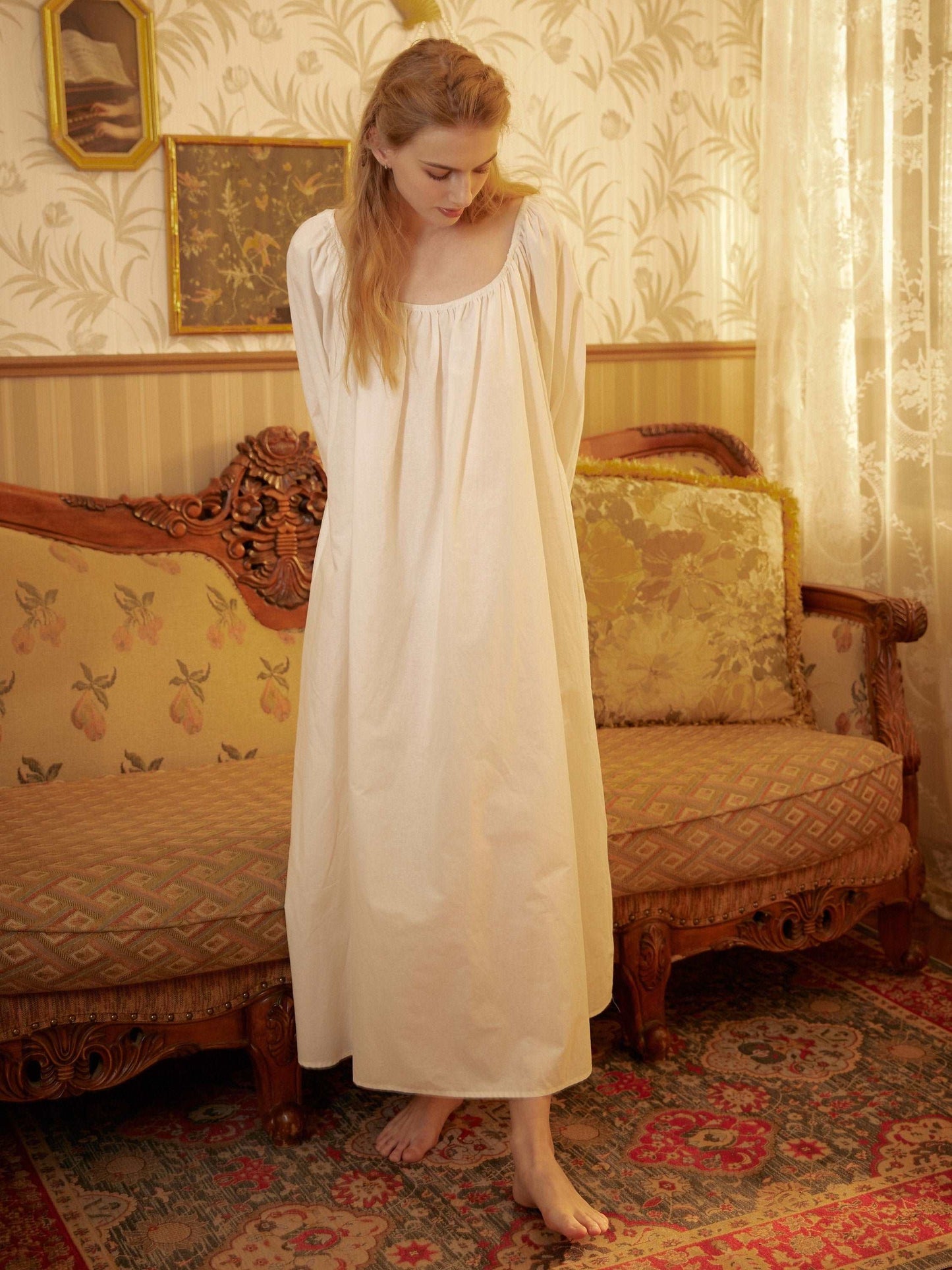 Nightgown Cotton for Women Victorian Nightgown Long Sleepwear Square Neck Long Sleeve Medieval Nightgown Plus Size