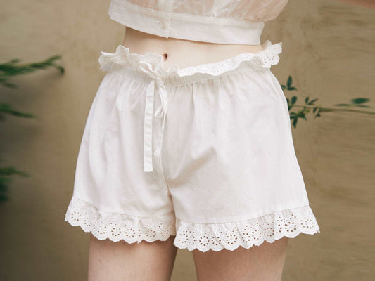 Cotton Bloomers High Waisted Shorts White Summer Shorts Woman Beach Shorts Pettipants Lace Trim Drawstring Waist