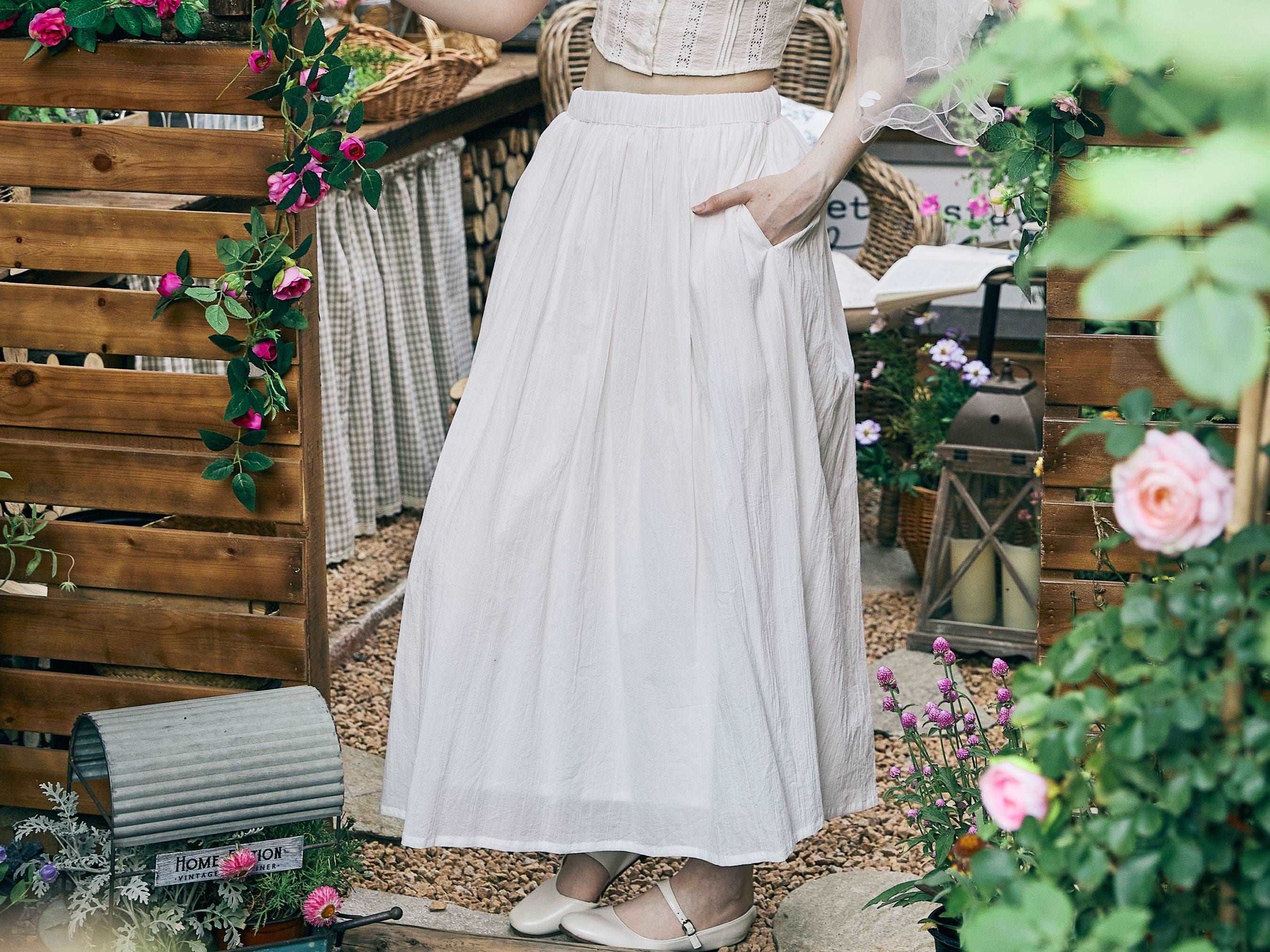 Cotton Skirt Long White Maxi Skirt Midi skirt with Pockets Beige or Cream Skirt With Lining Flexible Waistband