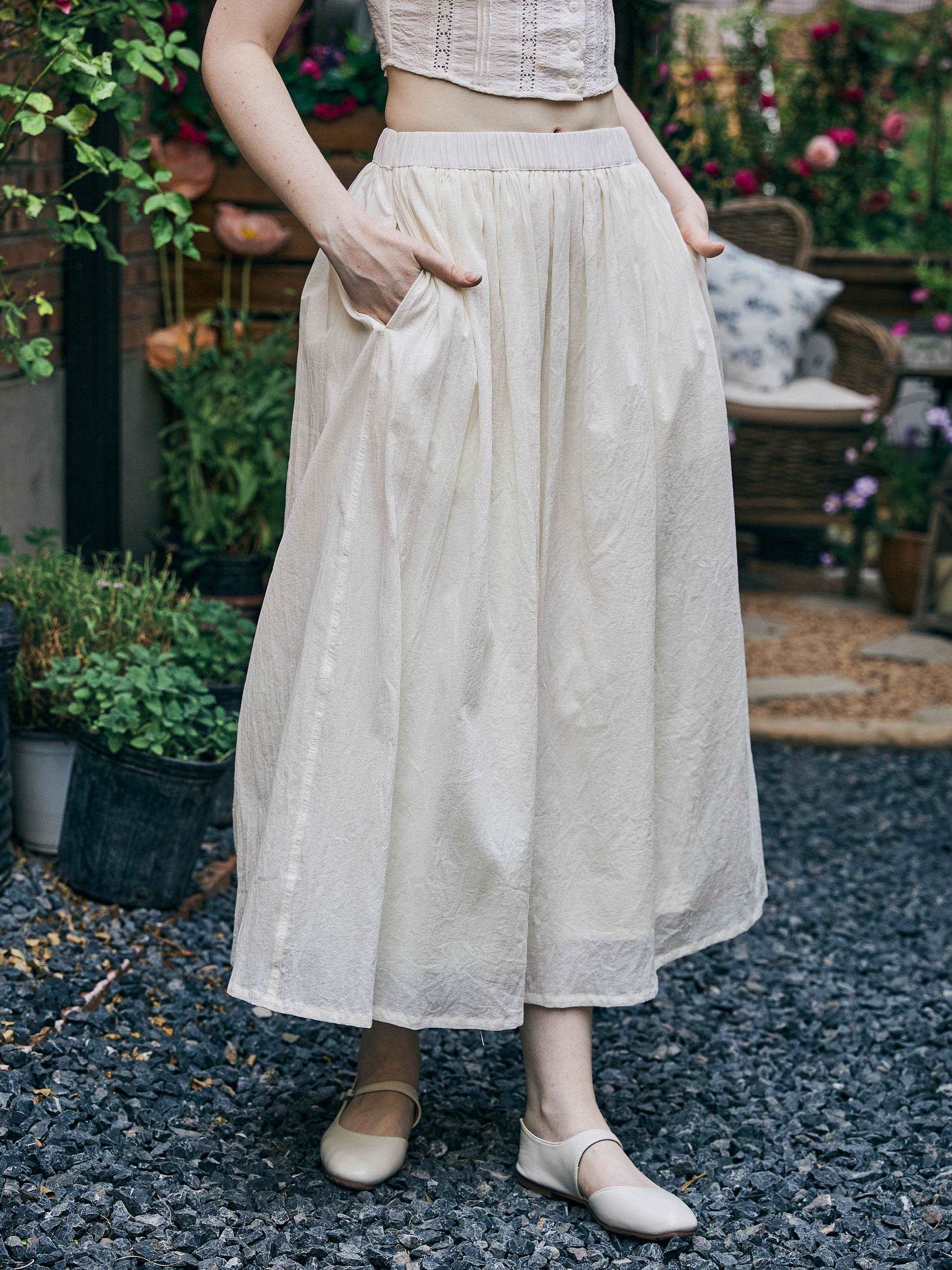 Cotton Skirt Long White Maxi Skirt Midi skirt with Pockets Beige or Cream Skirt With Lining Flexible Waistband