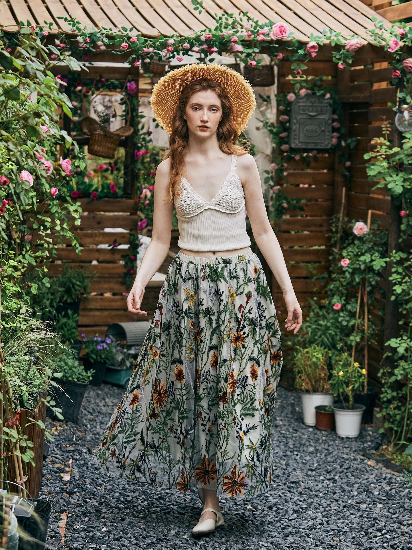 Flower Embroidery Tulle Skirt Maxi Skirt Midi Green Skirt With A Lining Flexible Waistband A Line Floral Dress