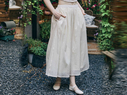 Cotton Skirt Long White Maxi Skirt Midi skirt with Pockets Beige or Cream Skirt With Lining Flexible Waistband