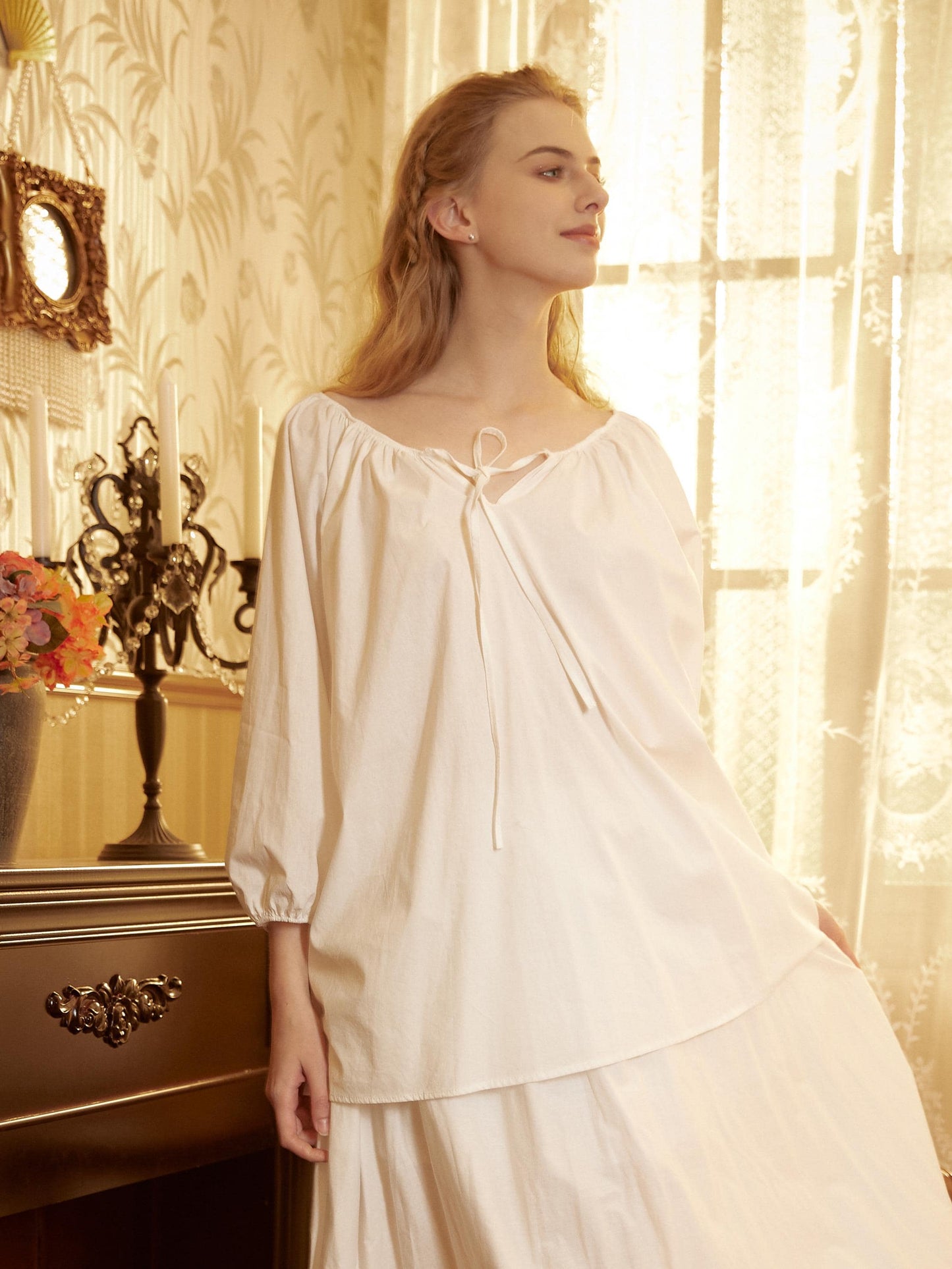 Cotton White Peasant Blouse Balloon Sleeves White Shirt Chemise Victorian Off Shoulder Keyhole Neck Renaissance Faire Top