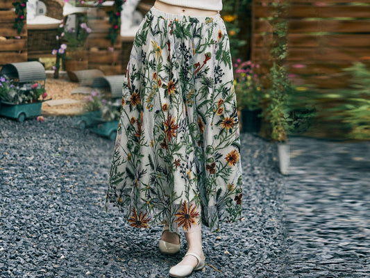 Flower Embroidery Tulle Skirt Maxi Skirt Midi Green Skirt With A Lining Flexible Waistband A Line Floral Dress