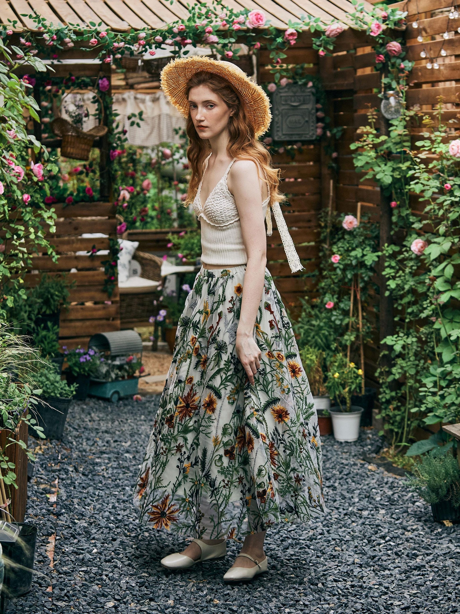 Flower Embroidery Tulle Skirt Maxi Skirt Midi Green Skirt With A Lining Flexible Waistband A Line Floral Dress